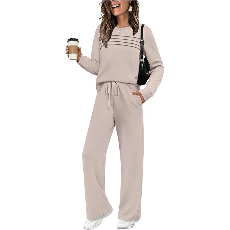 Conjuntos de duas peças femininas novo outono terno de manga longa o pescoço superior casual calças de cintura elástica calças de perna larga terno roupas femininas