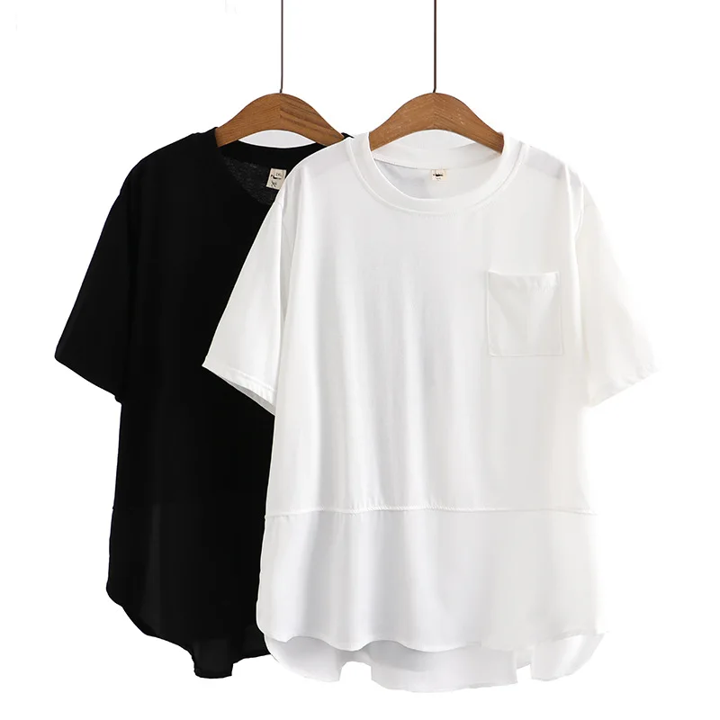 Plus Size Women T-Shirt Short Sleeve Cotton Pocket Stitching Tops Loose Tees Oversized Curve Clothes 2023 Summer K91-9091