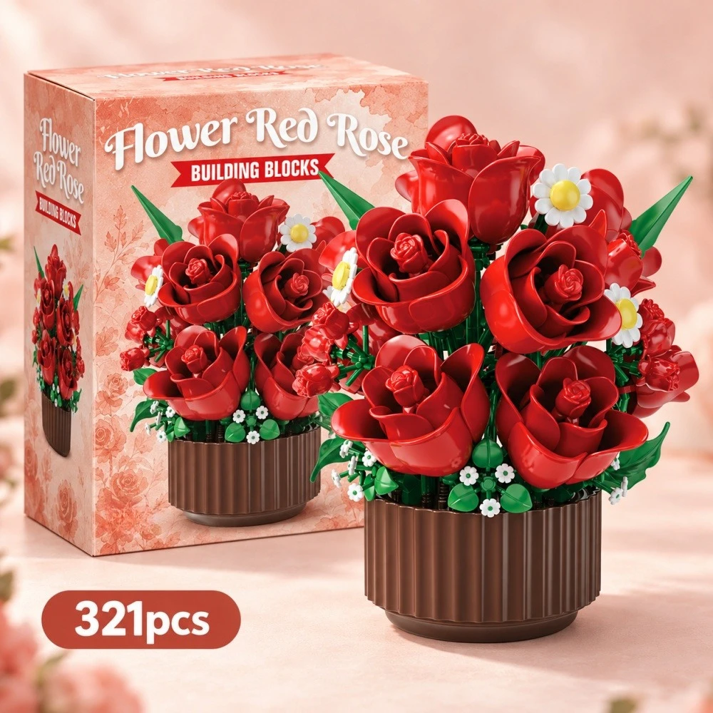 FUNXINEE Micro Bricks: doe-het-zelf rozen- en zonnebloemenboeket, bloemstuk, botanisch landschap, creatief cadeau voor volwassenen en kinderen, perfect voor de feestdagen.