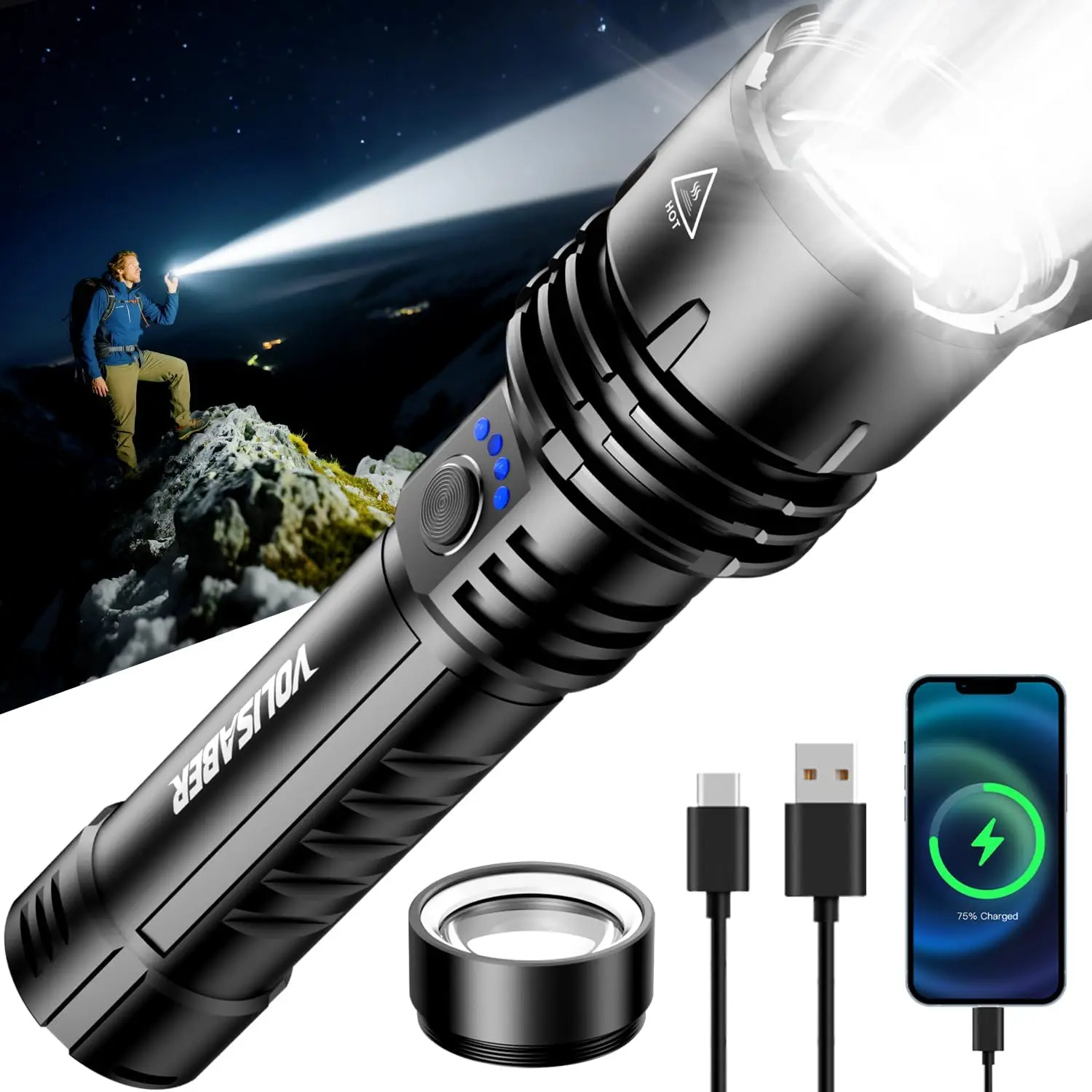 

Rechargeable 2000 Lumens Zoomable LED Flashlight, 5 Modes Waterproof Tactical Light for Camping and Home