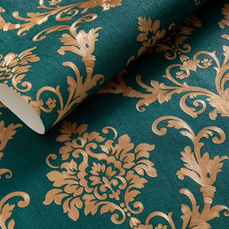 European Style Luxury Damask Wallpaper Roll 3D Embossed  Wall Decor Green Floral Wallpapers for Living Room Bed Room