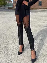 Summer Pants Women 2023 Commuting Fashion Versatile Casual Sexy Sheer Mesh Lace Embroidery Patch Skinny Y2k Pencil Trousers