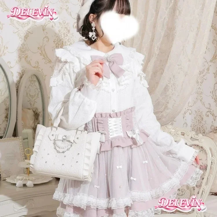 Japanese Style Sweet Lolita Bag New 2026 Girls Cute Bow Pearl Rhinestone Handbag Women's Fashion Versatile Crossbody Tote Bag