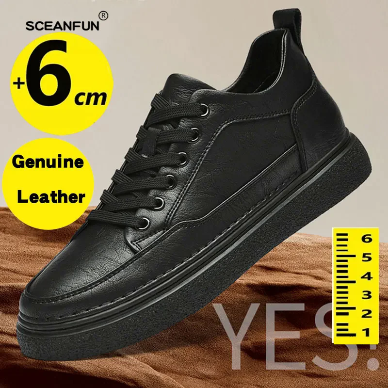 New Man Lift Cowhide Sneakers Booster Genuine Leather Elevator Shoes Men Height Increase Insole 6cm Designer  Taller Male