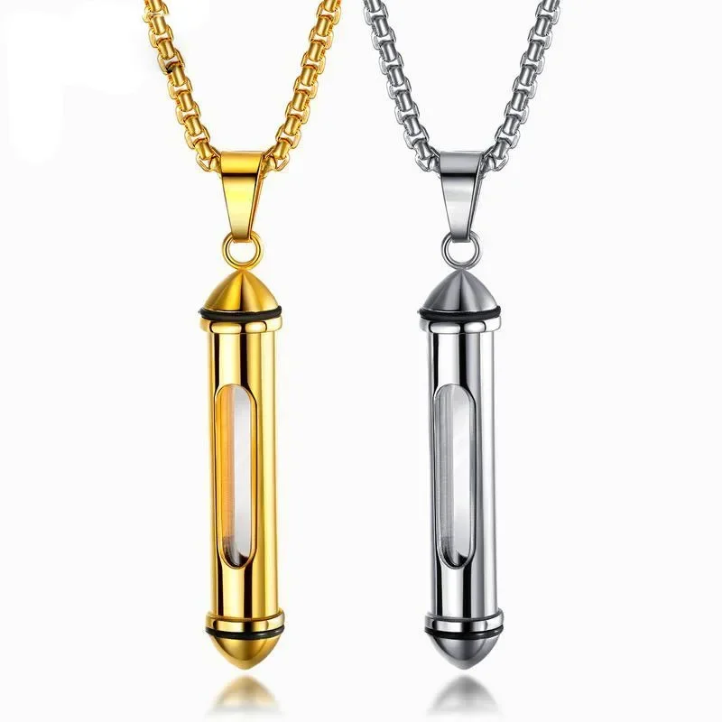 Gold Color Glass Cylindrical Pendant Open Ashes Men\'s Necklace Cremation Urn Stainless Steel Necklaces Jewelry