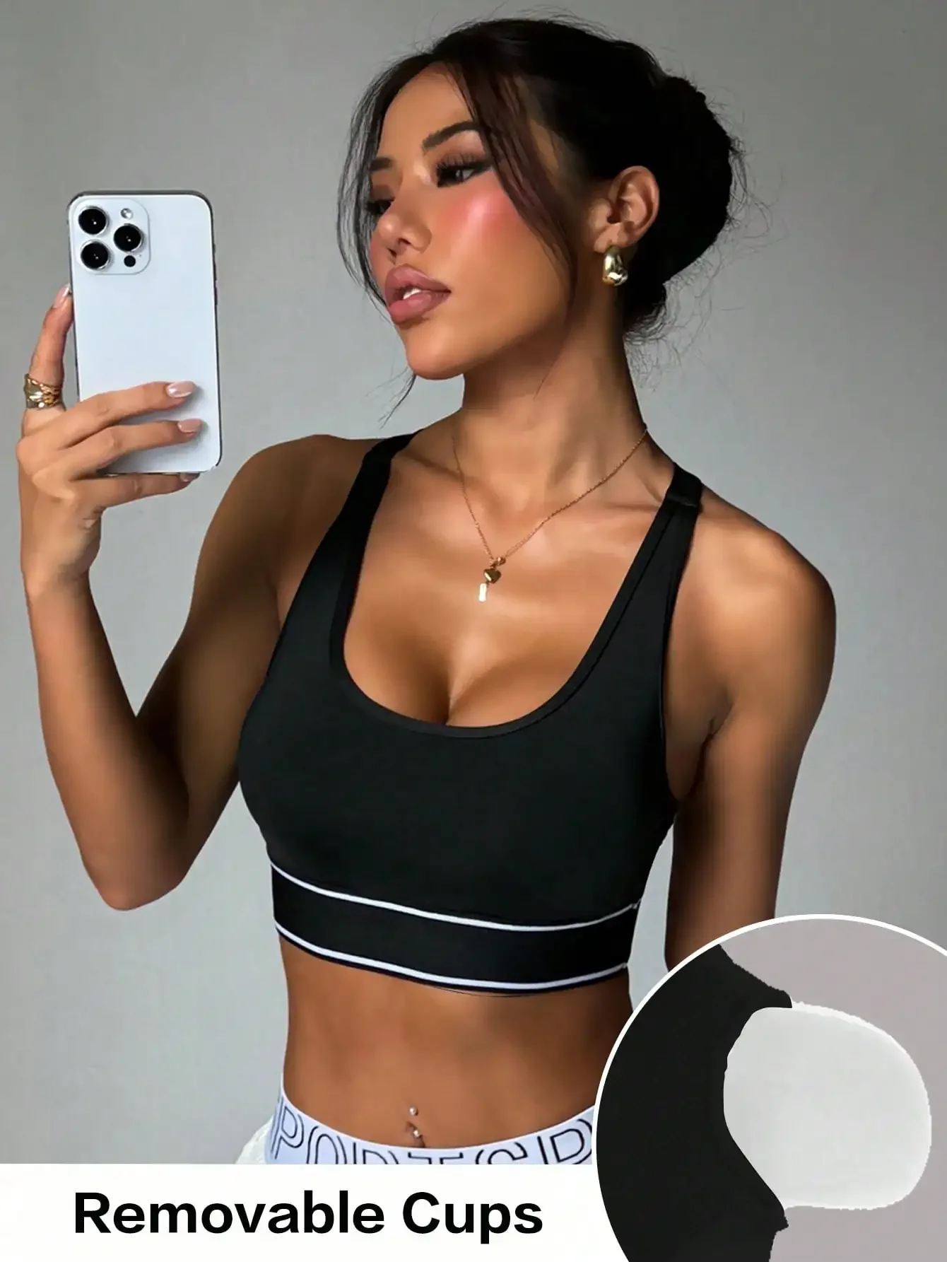 

Women's Solid Color Round Neck Removable Padded Mesh Splice Strap Comfortable Sports Knit Bra Black Spring