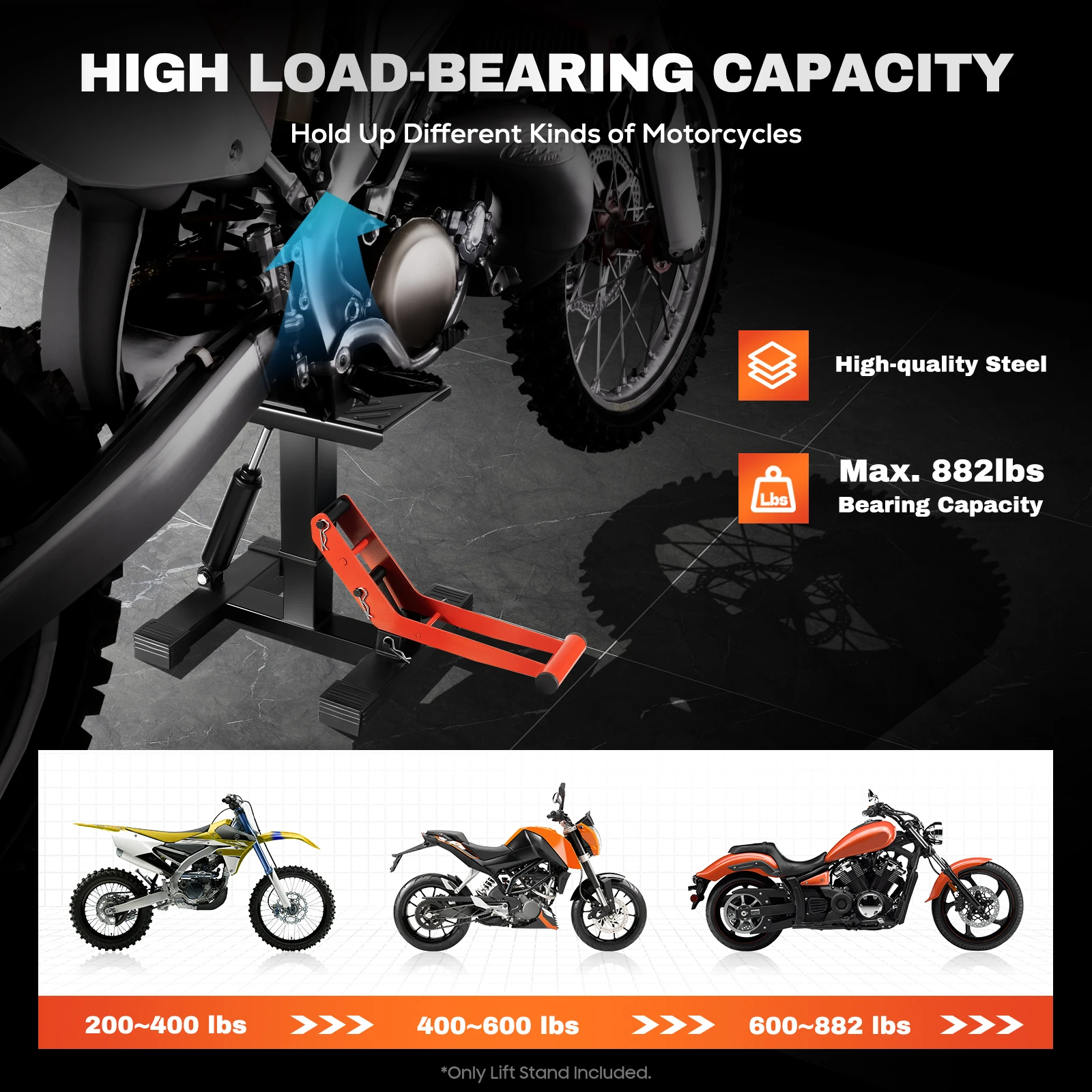 حامل رفع رافعة الدراجة النارية الهيدروليكي 882 رطل، رافعة صيانة فولاذية شديدة التحمل، ارتفاع قابل للتعديل، أداة إصلاح متجر الكراجات #4