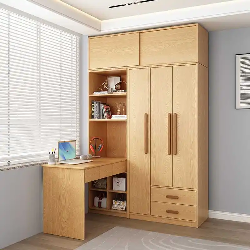 Solid Wood Corner Desk And Wardrobe Combo, Kids Oak Study Computer Desk With Storage And Ergonomic Design
