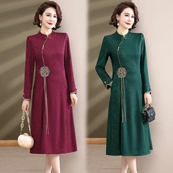 Mid-aged Mother Spring Autumn Dress New Chinese-style Embroidered Floral Mid-Long Dresses For Women Elegant Cheongsam Dress 4XL