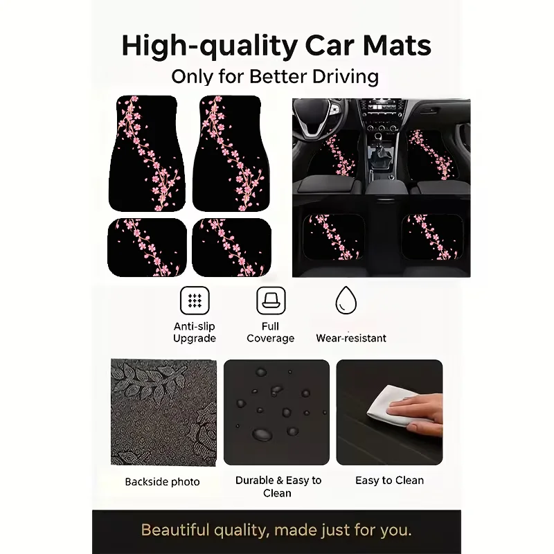 4pcs Spring Cherry Blossom Japanese Style Car Foot Mats, Universal Sedan Interior Floor Mats, Durable Fiber, Suitable For Variou
