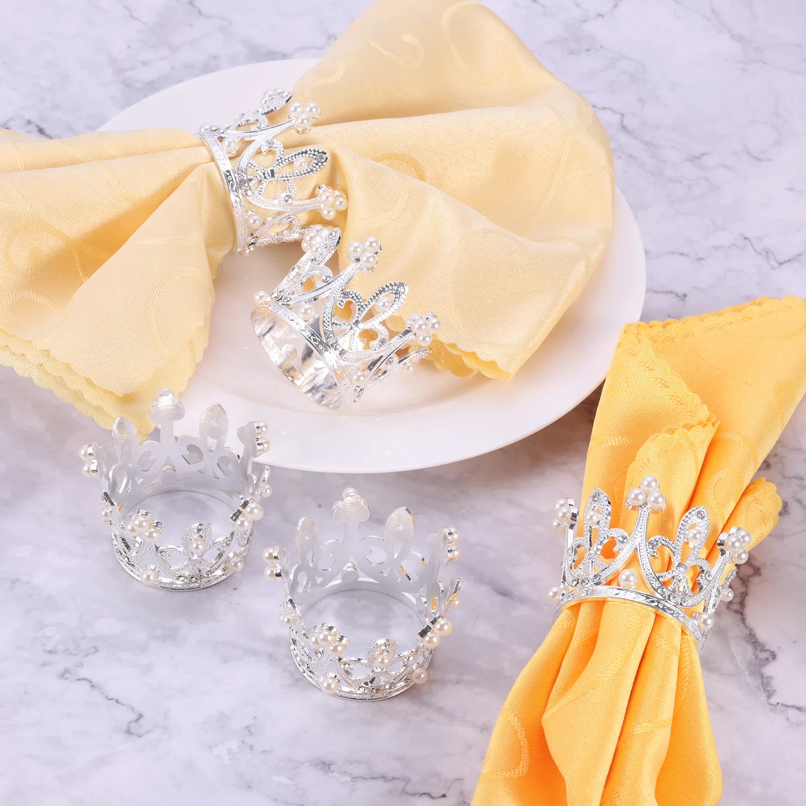 6pcs Gold/Silver Embellished Pearl Crown Napkin Ring Table Cloth Holder Buckle for Hotel Wedding Party Banquet Dinner Decoration