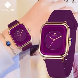 WWOOR Luxury Brand Watches For Women Fashion Square Purple Ladies Quartz Wristwatch Waterproof Silicone Band Relogio Feminino