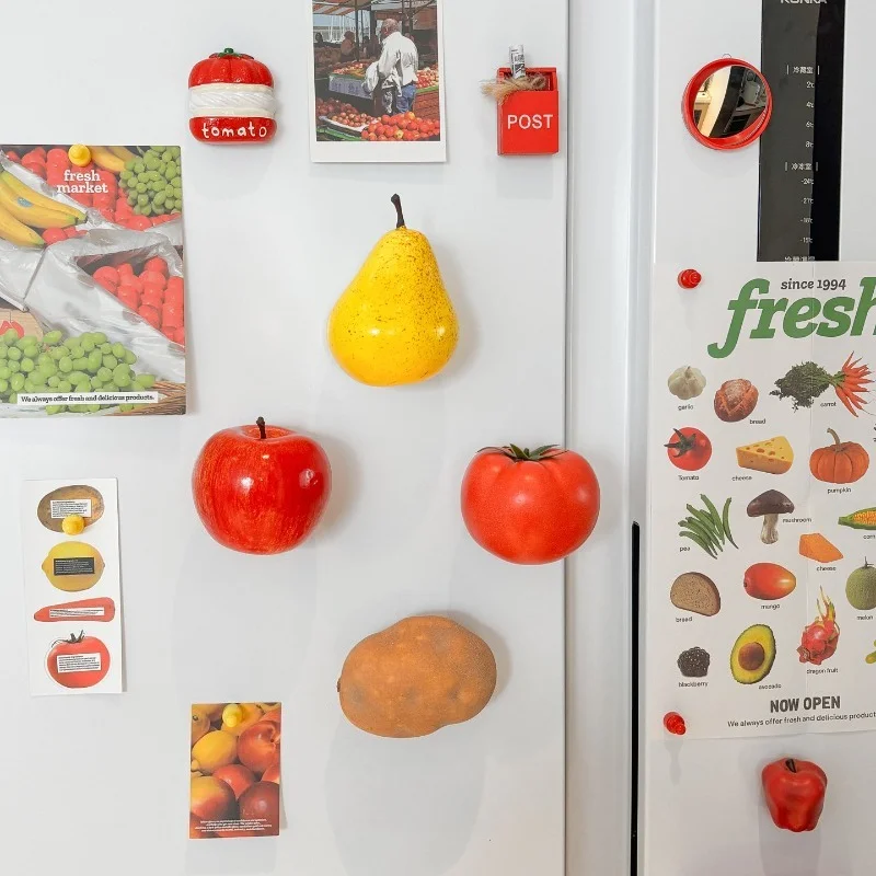 3D Simulation Fruit Fridge Magnet, Apple Tomato Pear Potato Shaped Realistic Vegetable Decor Sticker, for Kitchen Home Ornament