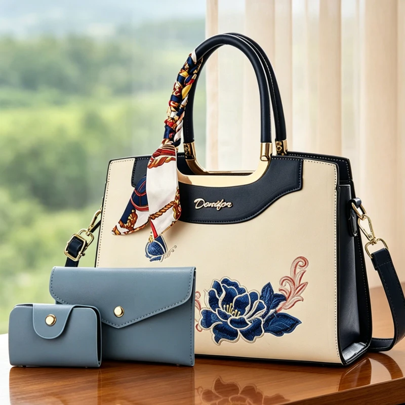 3-piece women's bag set, floral embroidered women's handbag, large-capacity women's crossbody bag with multiple pockets
