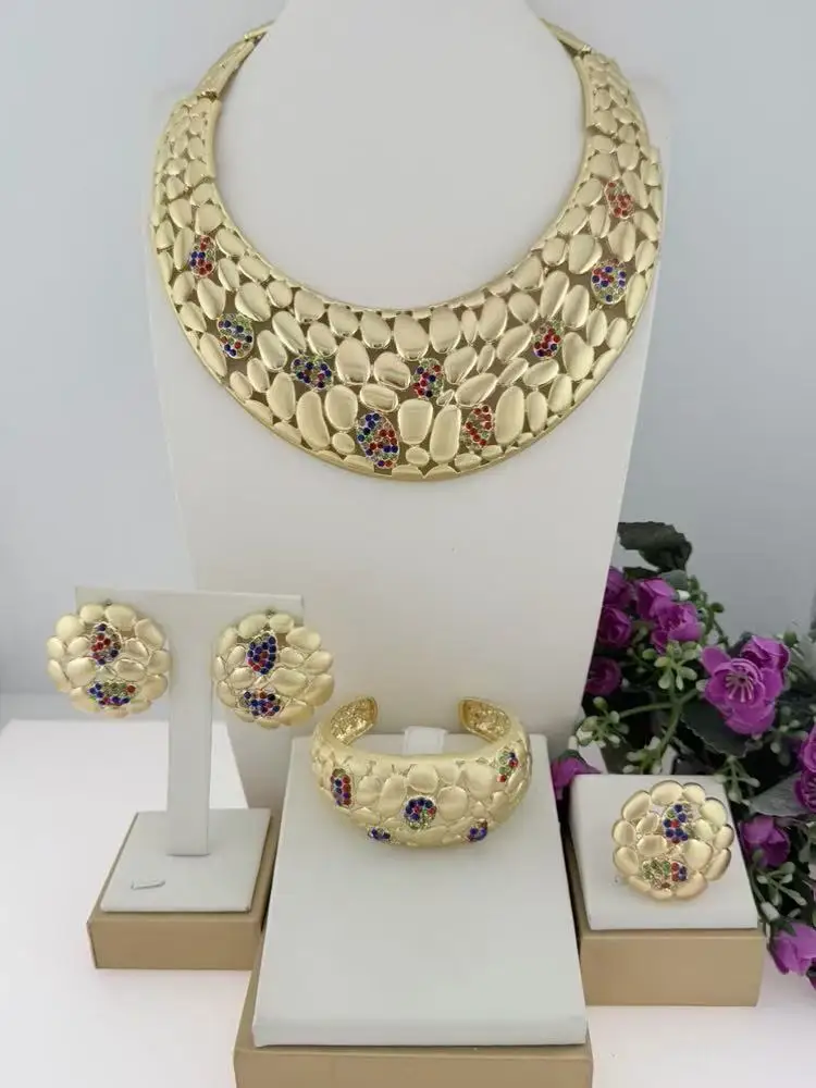 The Latest Luxury Italian Jewelry Set with Rhinestone Gorgeous Collar Brazalete Aretes Anillo 4PC Jewels Set for New Year Gift