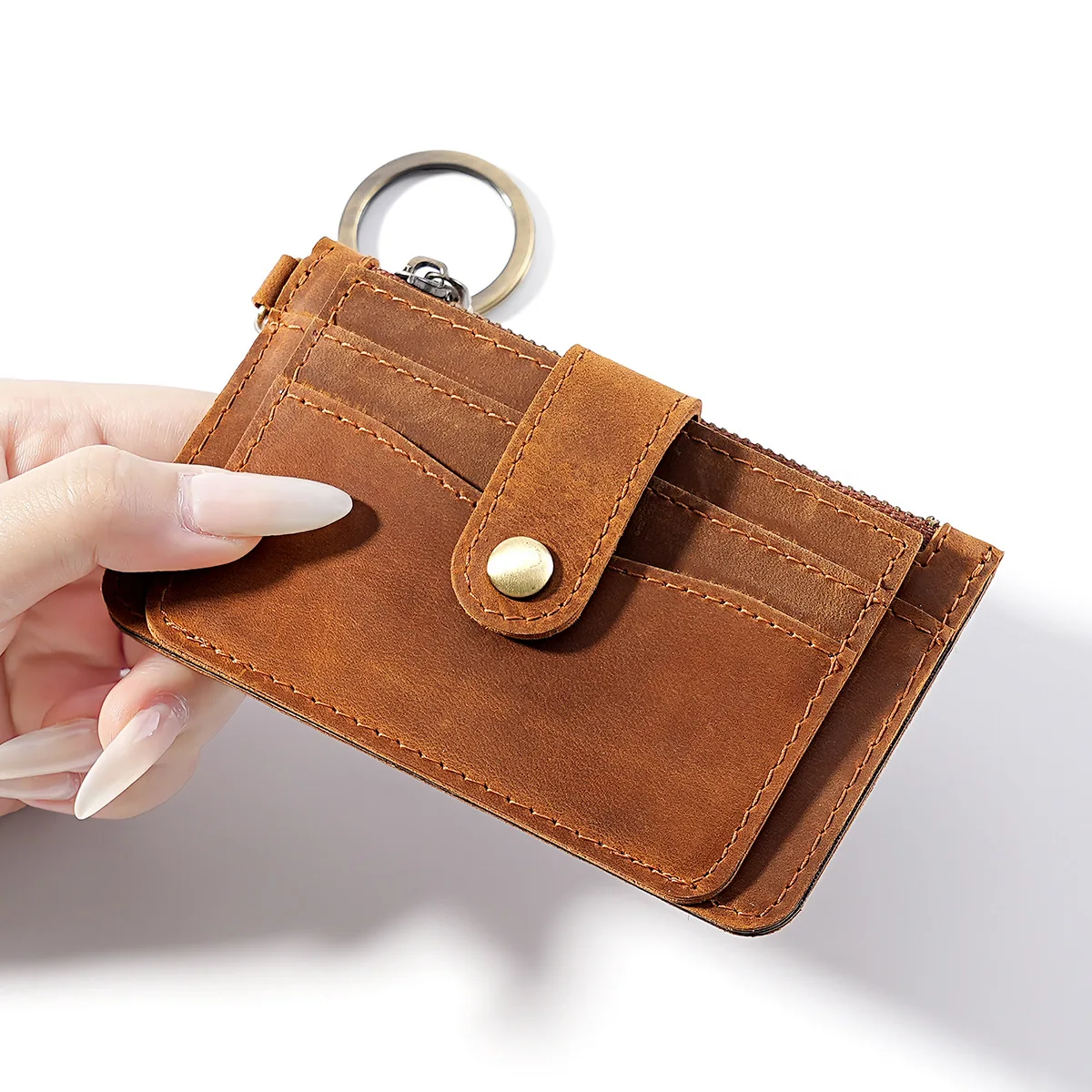 

Винтажный кожаный картхолдер и кошелек для монет из кожи Crazy Horse - органайзер с несколькими отделениями и брелоком, компактный маленький кошелек на молнии для мужчин