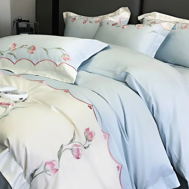 High-end Florals Embroidery Bedding Sets Luxury Blue White Patchwork Egyptian Cotton Duvet Cover Bed Sheet Pillowcases