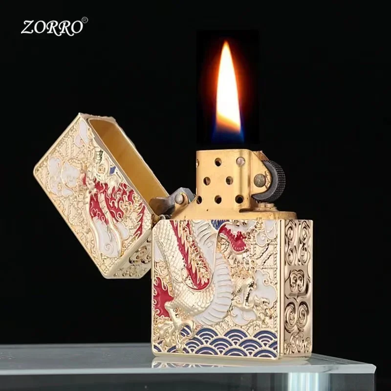 ZORRO Old-fashioned Armor Kerosen Lighter Windproof Five-sided Embossed Veyron Creative Pure Copper Lighter Men\'s Gift