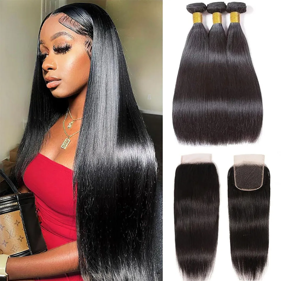 Malaysian Straight Human Hair Bundles With 13x4 Lace Frontal 12A Raw Hair Weave Natural Color Virgin Hair With Closure Wholesale