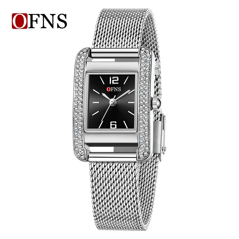 Square Women Quartz Watch Rhinestone Inlaid Alloy Case Waterproof Minimalist Digital Dial Mesh Strap Elegant Ladies Wristwatch
