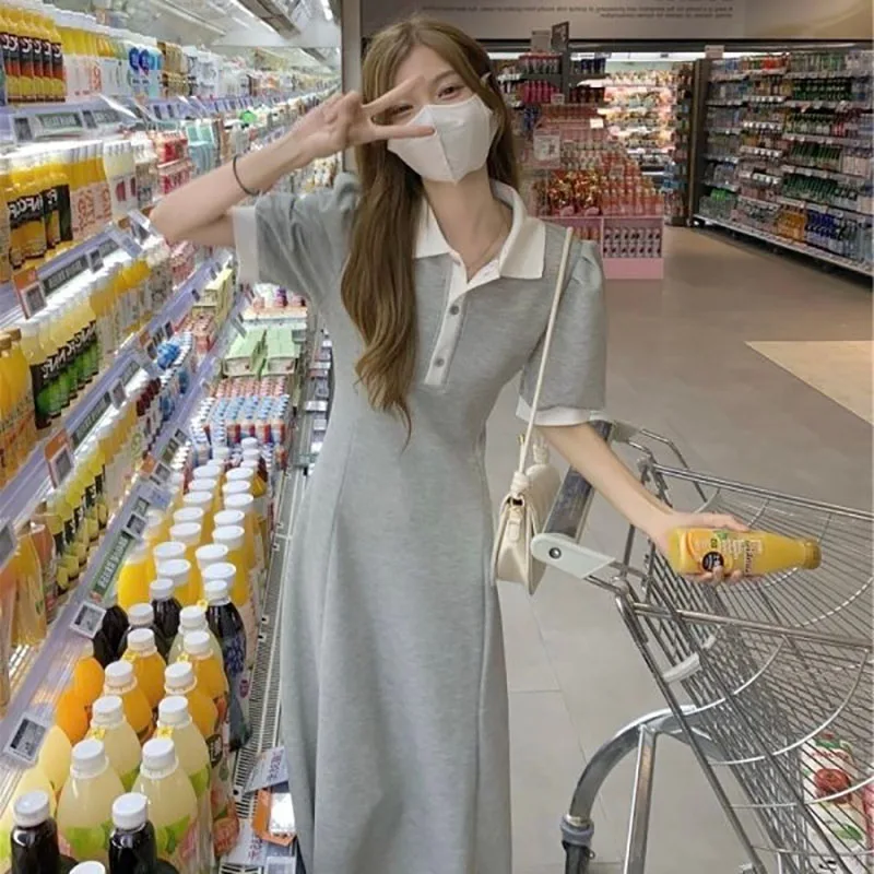 Sweet Initial Love Dress Women's Summer New Collar Waist Cinched High Design Knee-Length Dress Commute Style Korean...