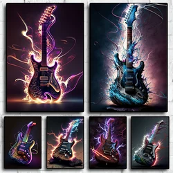 Neon Burning Electric Guitar Canvas Poster Aesthetics Music Band Folk Jazz Art Home Wall Decoration Bedroom Picture