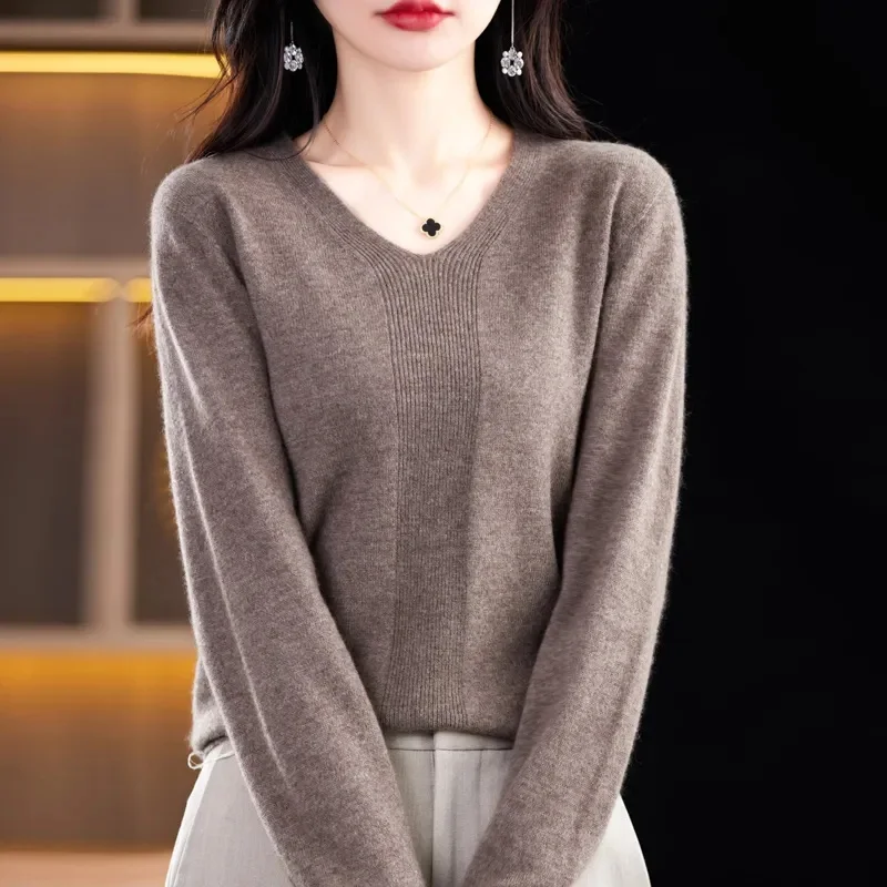 

Fashion Women Long Sleeve Knitted Sweaters Spring Autumn New Solid Slim V-Neck Korean Basic Casual Bottoming Pullovers Tops