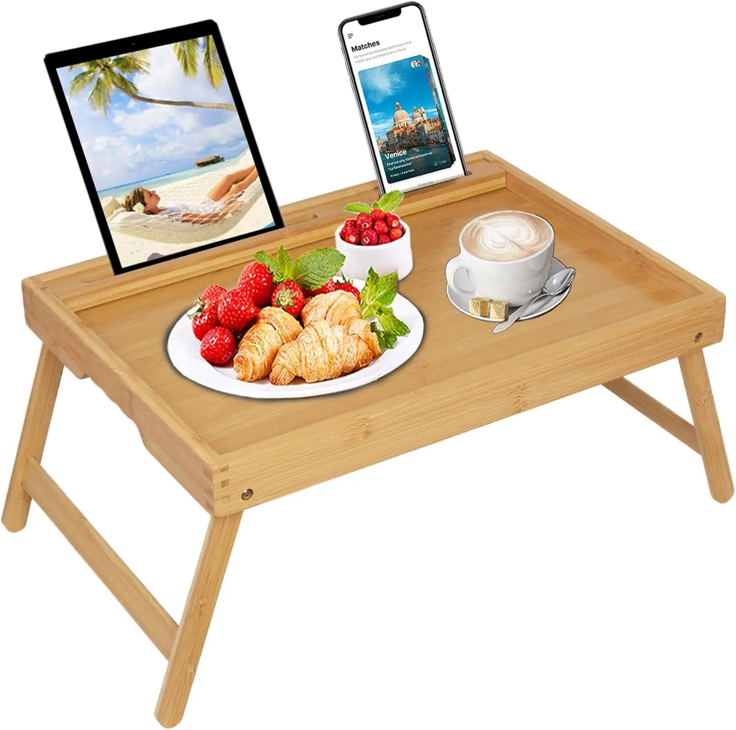 

Foldable Bamboo Bed Tray Table with Media Slot, Breakfast Tray for Eating in Bed, Couch, or Kitchen