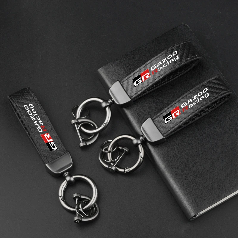 Leather Carbon Fiber Car Ring Keychain Trinket Zinc Alloy Keyrings Rotate 360 Degrees For Toyota Gr Gazoo Racing