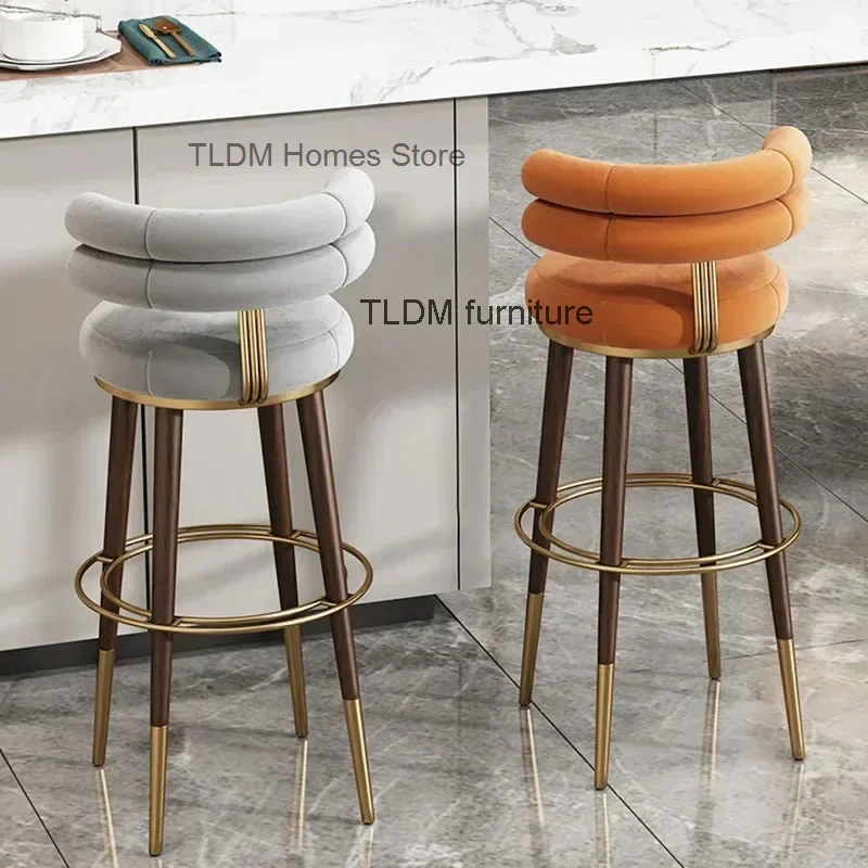 Luxury Stainless Steel Rotating Bar Chair Italian Fabric High-foot Bar Chairs for Kitchen Modern Minimalist Home Back Bar Stools