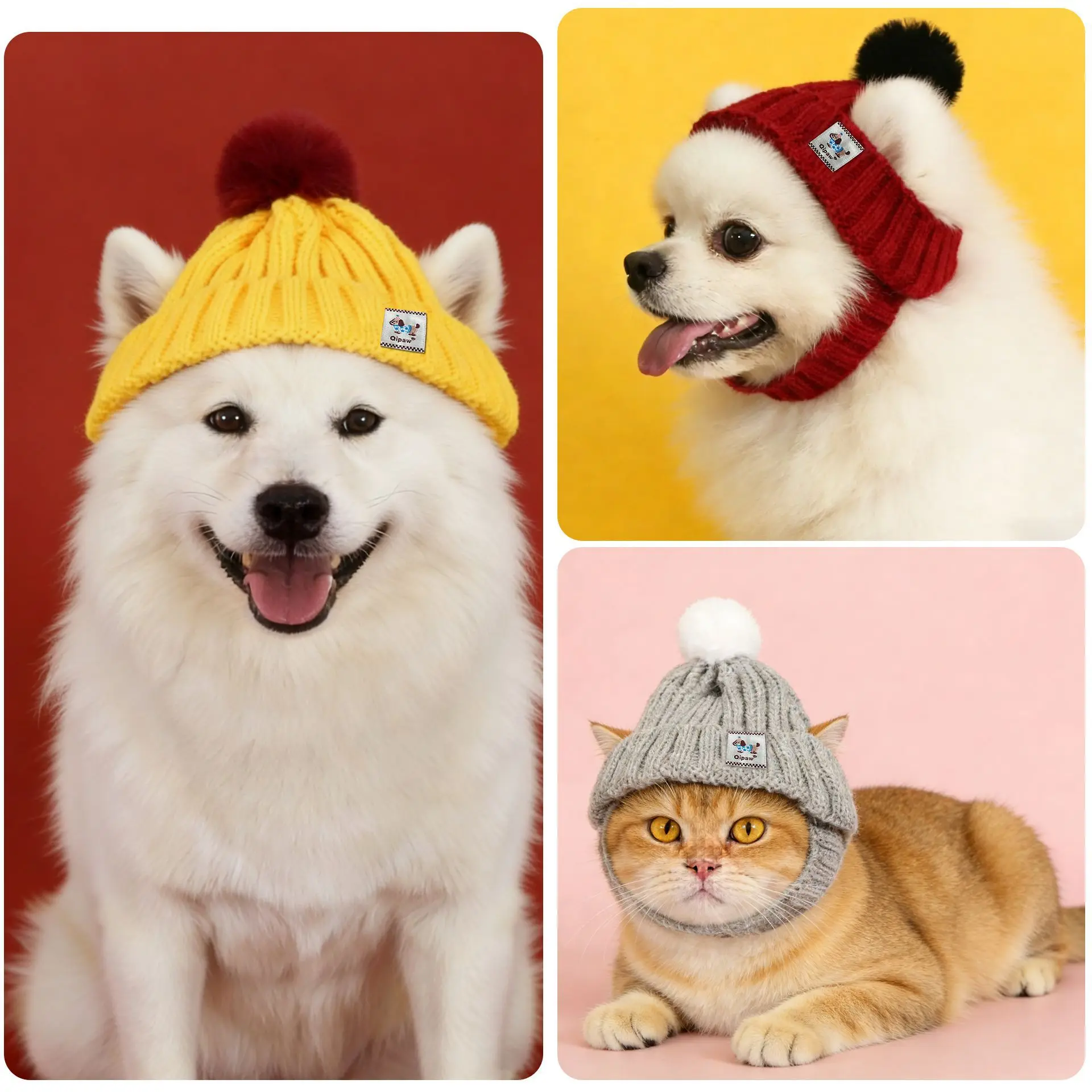 

Knitted Pet Hat with Pom Pom & Label Warm Winter Windproof Knit Cap for Cats Dogs Ear Exposed Soft Puppy Kitten Headwear Daily &