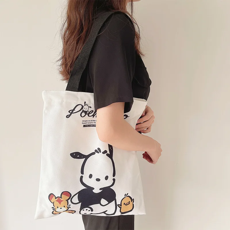 Bolso de hombro de Anime Sanrio Pochacco, bolsa de lona Kawaii de alta capacidad, bonito patrón, belleza, estudiante, almacenamiento, viaje,