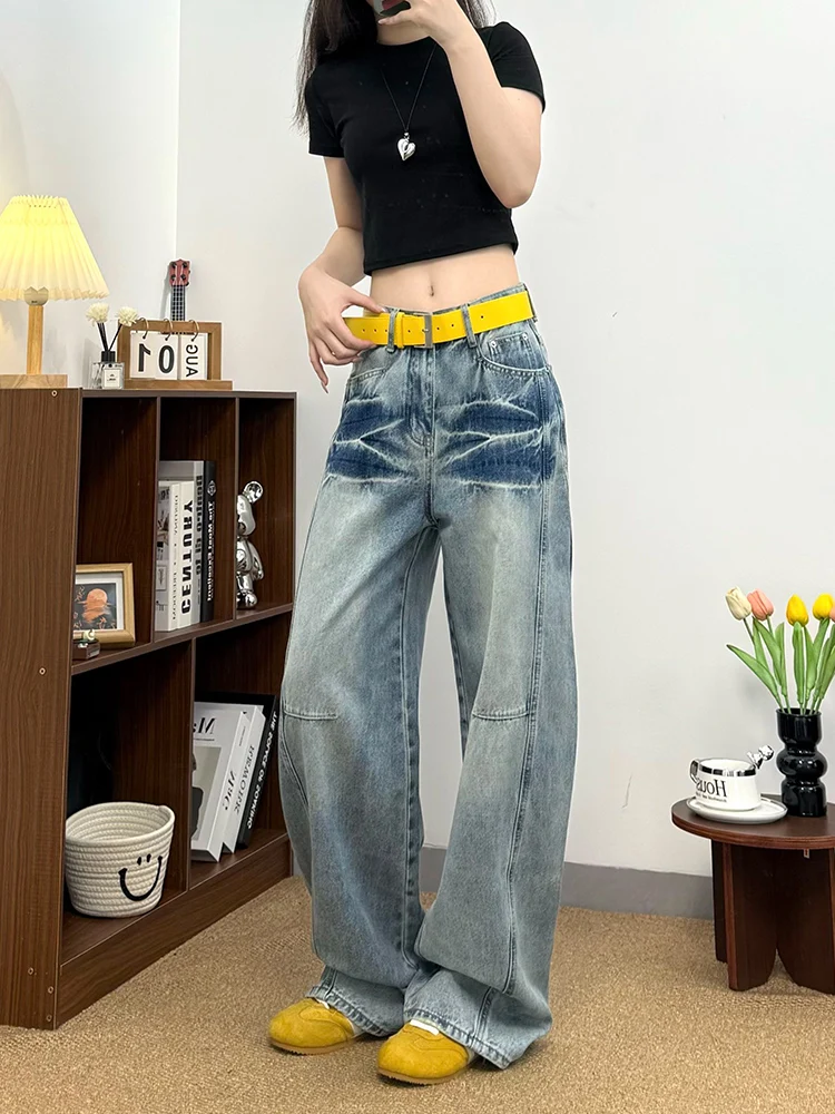 Retro High Waisted Fashionable Casual Street Jeans Women's New Wide Leg Pants Loose Lazy Style Long Pants