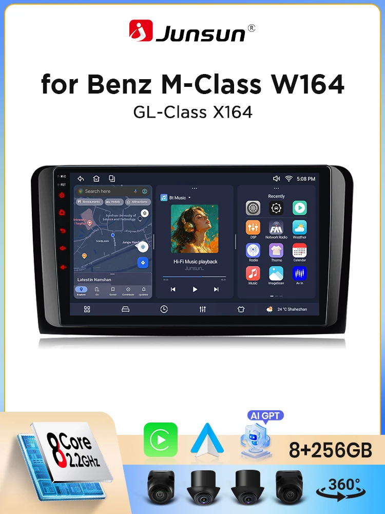 Junsun Kabelloses CarPlay Android Auto Autoradio für Mercedes Benz M-Klasse W164 GL-Klasse X164 ML GL 2 DIN Multimedia-Stereoanlage mit integriertem Lüfter GPS-Navigation SWC Bluetooth FM RDS DSP DAB