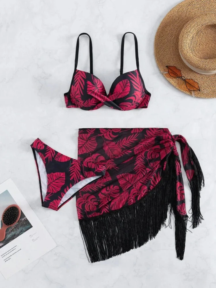 2025 3-teiliges bedrucktes Bikini-Set mit Fransen, passender Überrock, schnell trocknend und chlorbeständig, Sommer-Vintage-Feiertags-Sonnenbrille
