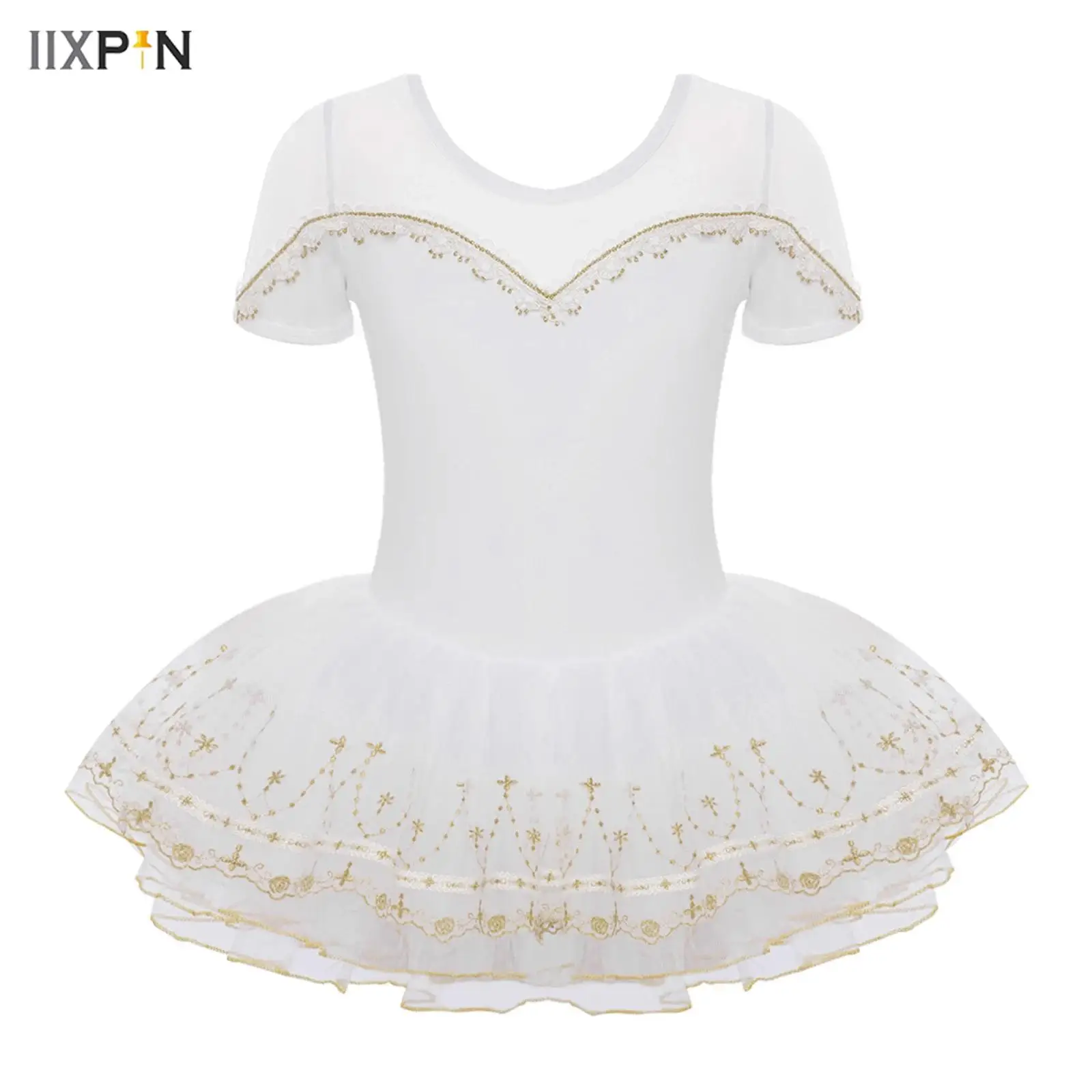 

Kids Girls Ballet Dance Dress Short Sleeve Sheer Mesh Patchwork Lace Trim Embroidery Hem Tutu Dress Stage Performance Costume