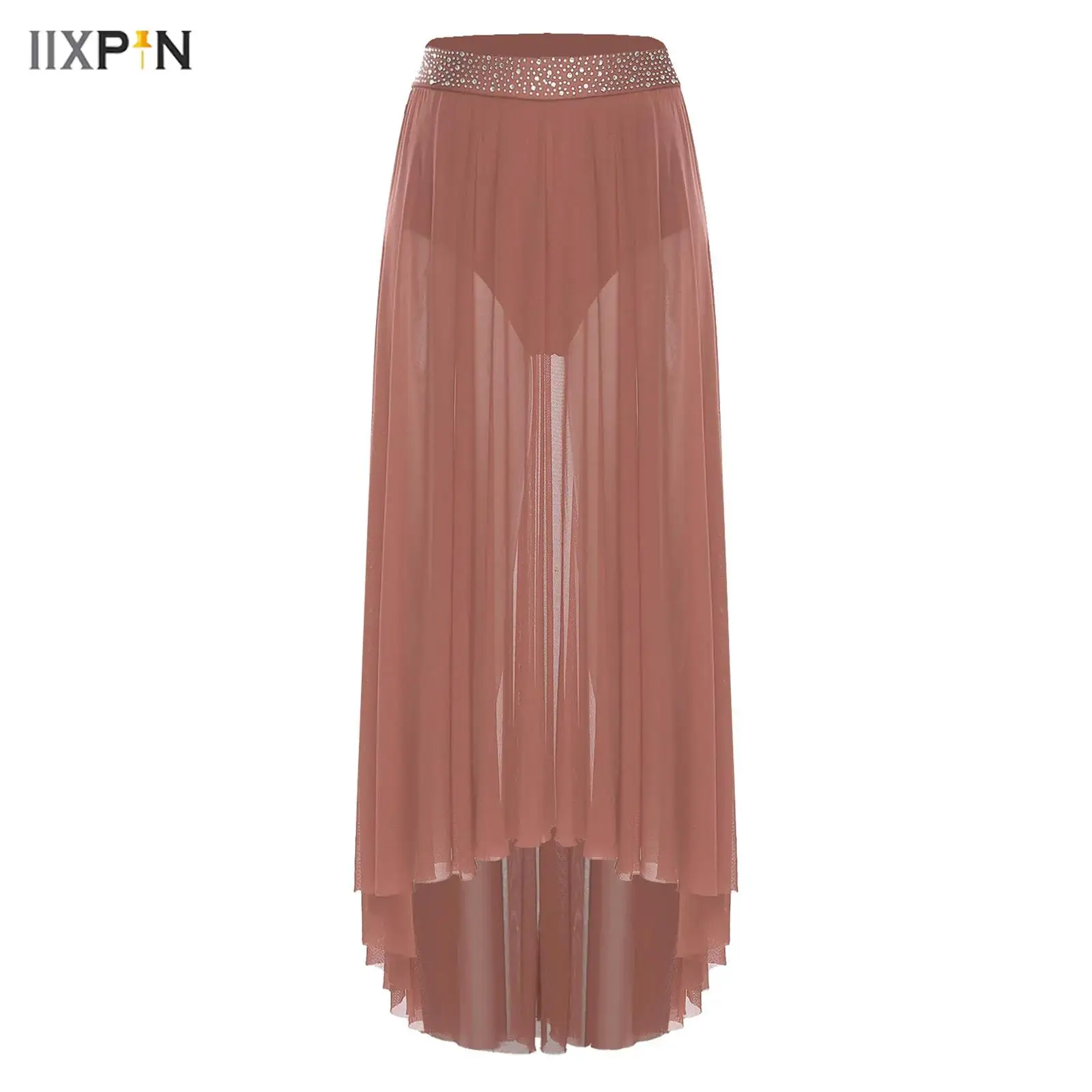 

Womens Contemporary Lyrical Dance Skirt Shiny Rhinestones Waistband Side Slit High-Low Irregular Mesh Skirt with Build-in Briefs
