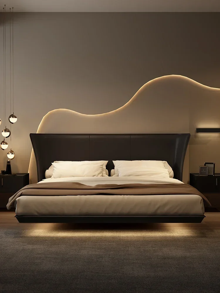 

bed Italian extremely simple leather small Huxing quiet wind black suspension modern simple big wedding