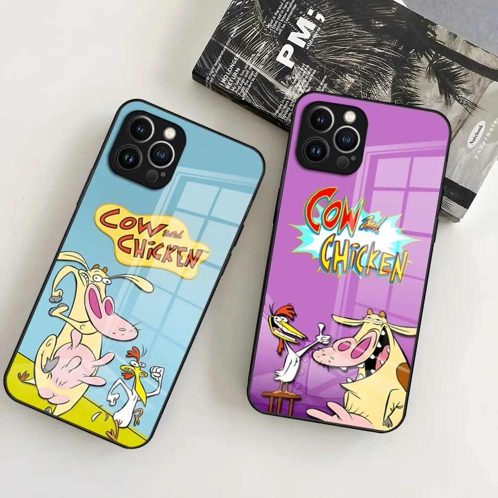 Cow and Chicken Phone Case for iPhone 15 Pro 14 13 12 11 Mini X XS XR Max 6 8 Plus SE 2020 Glass Design Cove