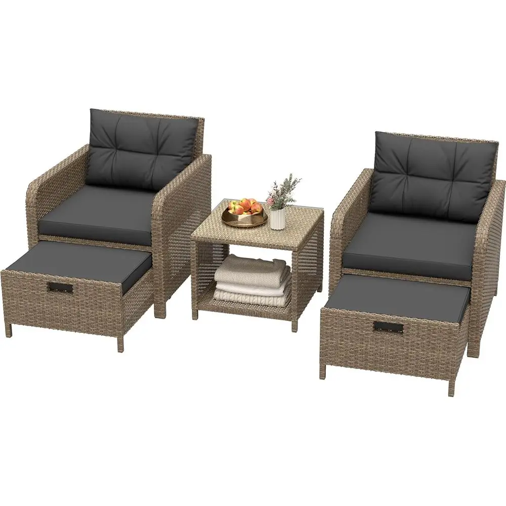

5-Piece Wicker Patio Furniture Set with Rattan Lounge Chairs, Tempered Glass Coffee Table, Ottomans, and Cushions for Outdoor Sp