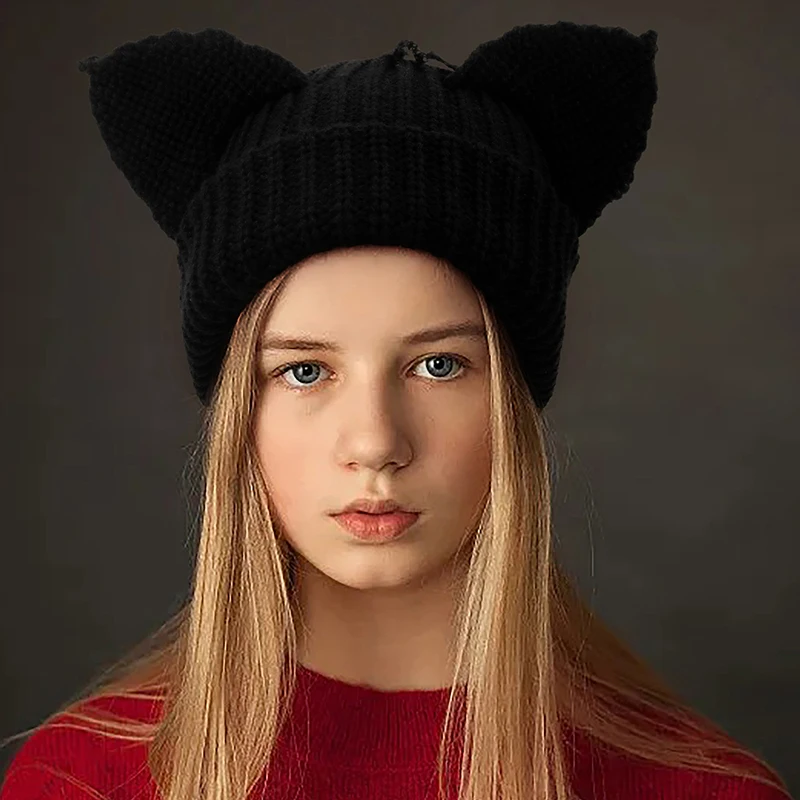 Women Cat Ear Knit Hat Little Devil Striped Knitted Hat Autumn Winter Thicken Warm Beanie Cap Harajuku Soft Crochet Basin Cap