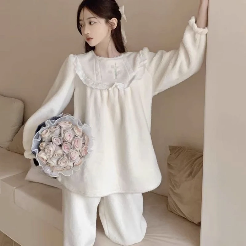 Pajama Female Thickening for Warmth Lovely and Sweet Tulip Princess Lace Loungewear Long-sleeved Suit Autumn Winter Coral Fleece