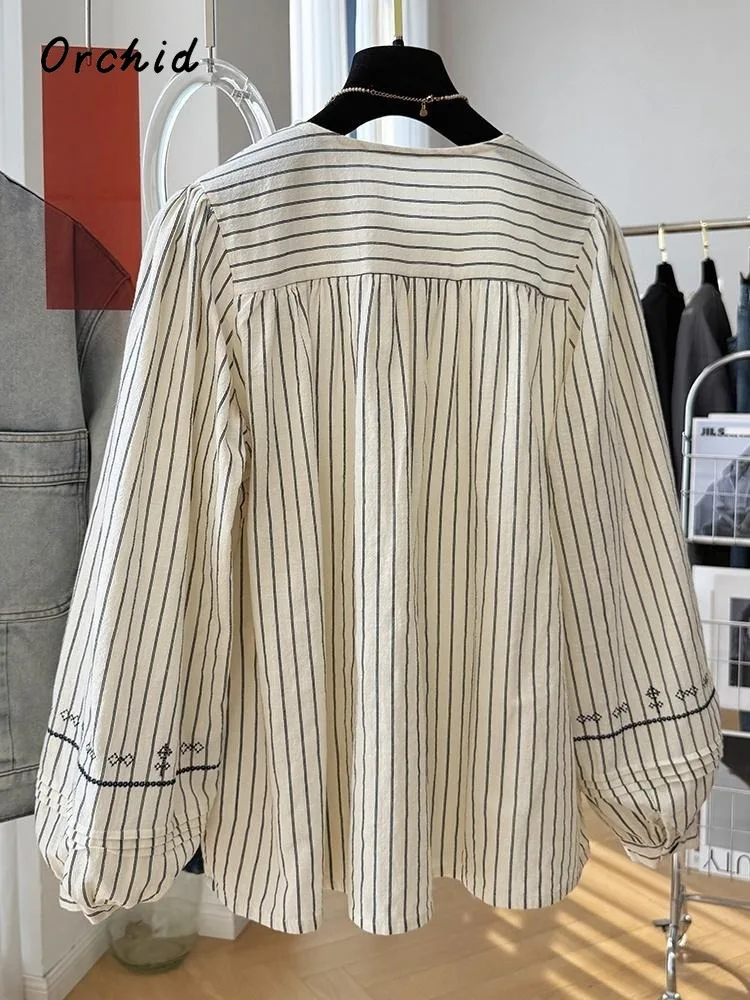 Style japonais col rond à manches longues rayé rétro Blouses 2025 hiver femmes Vintage décontracté simple boutonnage basiques chemises haut