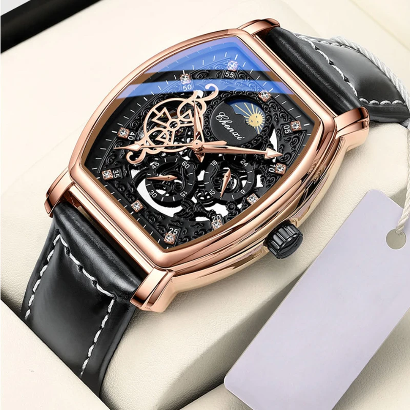 Black Classic Men Automatic Mechanical Watch Male Luxury Dress Wristwatch Hole Dial Design Leather Strap Waterproof Stop Watch