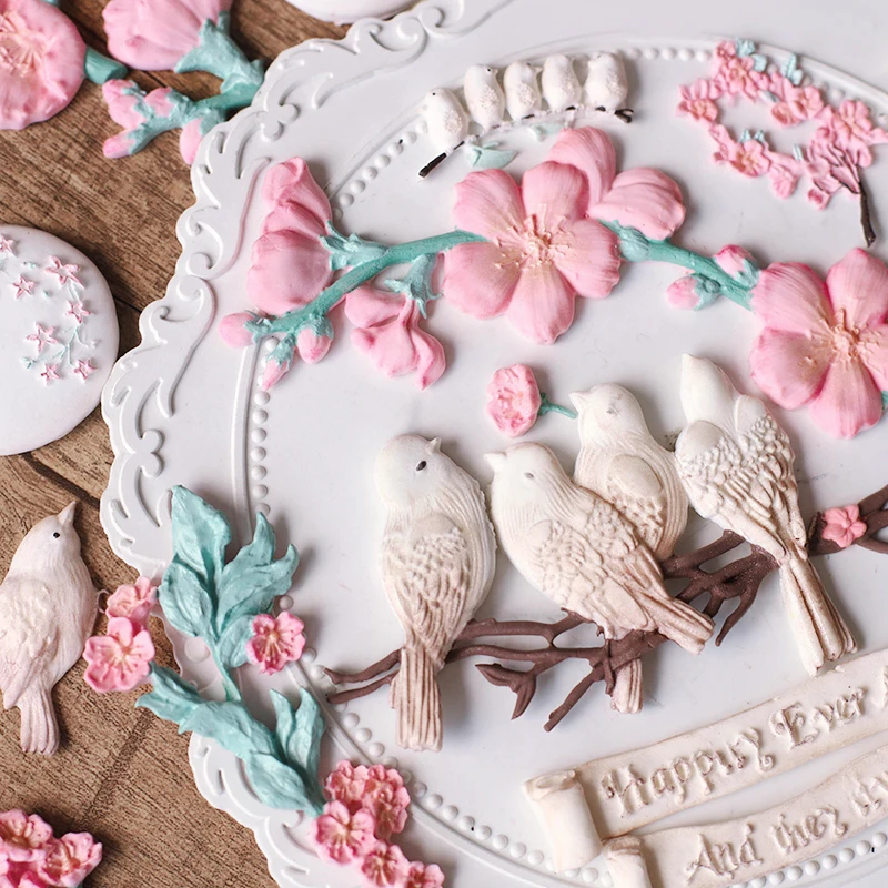 Mirosie Baking Cake Mold Companion Magpie Bird Flies on Branches Flower Fondant Cake Silicone Mold Cake Decoration Accessories