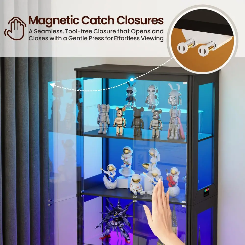 Lighted Corner Display Curio Cabinet Wooden Curved Shelving Unit with Tempered Glass Door, Bar and Liquor Storage Area with 6 S view 4