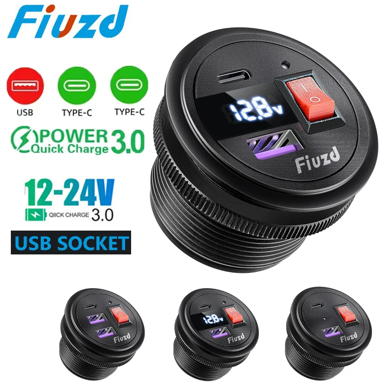 

PD QC3.0 Car Charger Socket with Voltage Meter Quick Charge 3.0 Socket Power 12V/24V Boat Motorcycle Cigarette Lighter Sockets