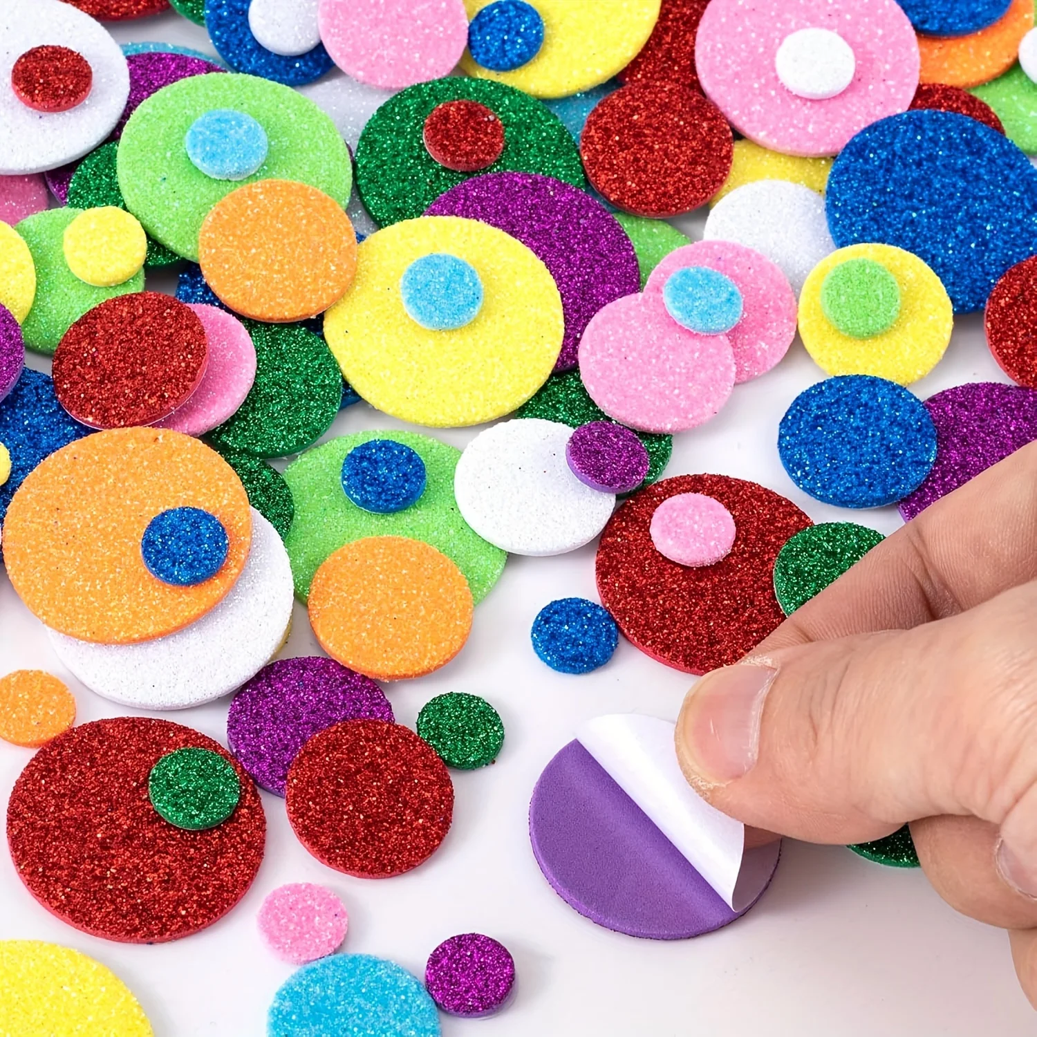 160pcs/pack Mixed Color Glitter Round Foam Stickers, Self-Adhesive Plastic Crafts, Geometric Shapes for Scrapbooking Decor