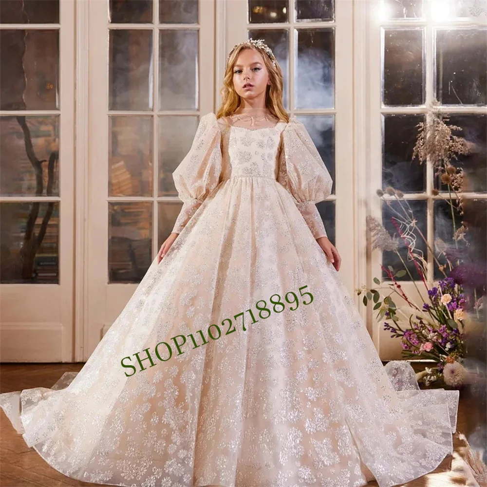 Gorgeous Tulle Glitter Sequins Beading Flower Girl Dress For Wedding Ball Gown For Kid Birthday Party Wear First Communion Dress