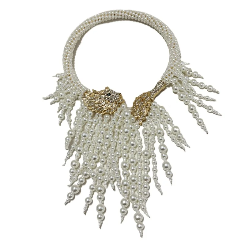 

Винтажное ожерелье-чокер с жемчужными бусинами и кисточками для женщин, блестящие аксессуары с кристаллами в виде головы льва